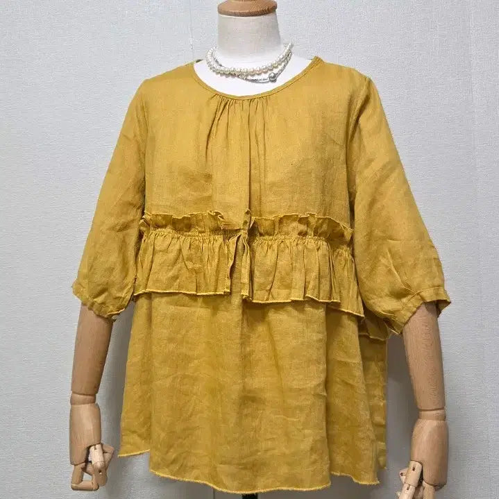 [BUNJANG] Mustard Linen Frill Blouse / 머스타드 린넨 프릴 블라우스