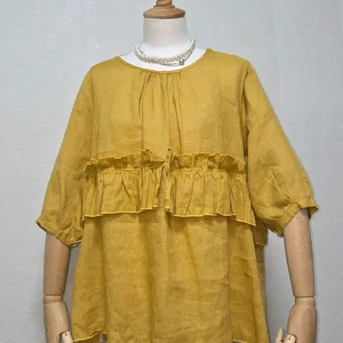 [BUNJANG] Mustard Linen Frill Blouse / 머스타드 린넨 프릴 블라우스
