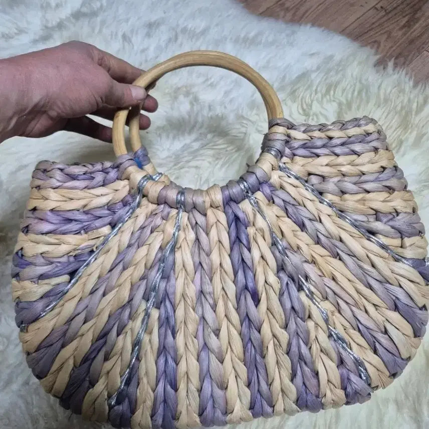 [BUNJANG] Wood Handle Rattan Tote Bag / 우드 핸들 라탄 토트백 퍼플 베이지