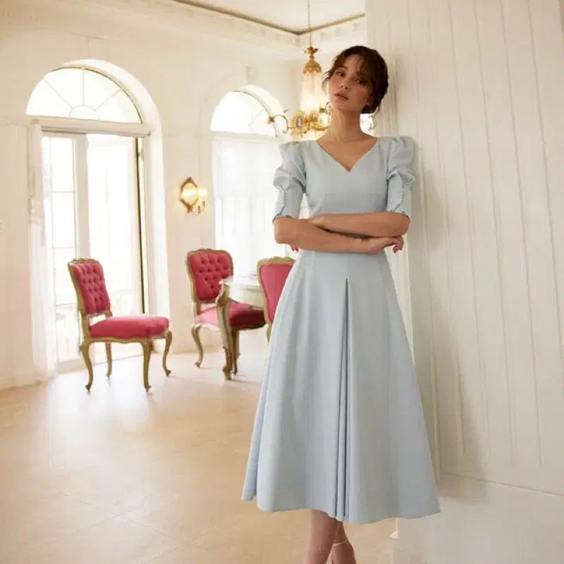 [BUNJANG] ABOABO V-Neckline Flare Dress (Blue) / 아보아보 브이넥라인 플레어 원피스(블루)
