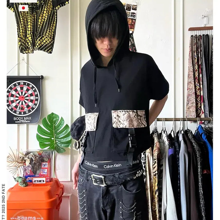 [BUNJANG] Chulatte Japanese Vintage Python Buckle Double Pocket Half Sleeve Hoodie T-Shirt / Chulatte 일본 빈티지 파이톤 버클 더블 포켓 반팔 후드 티셔츠