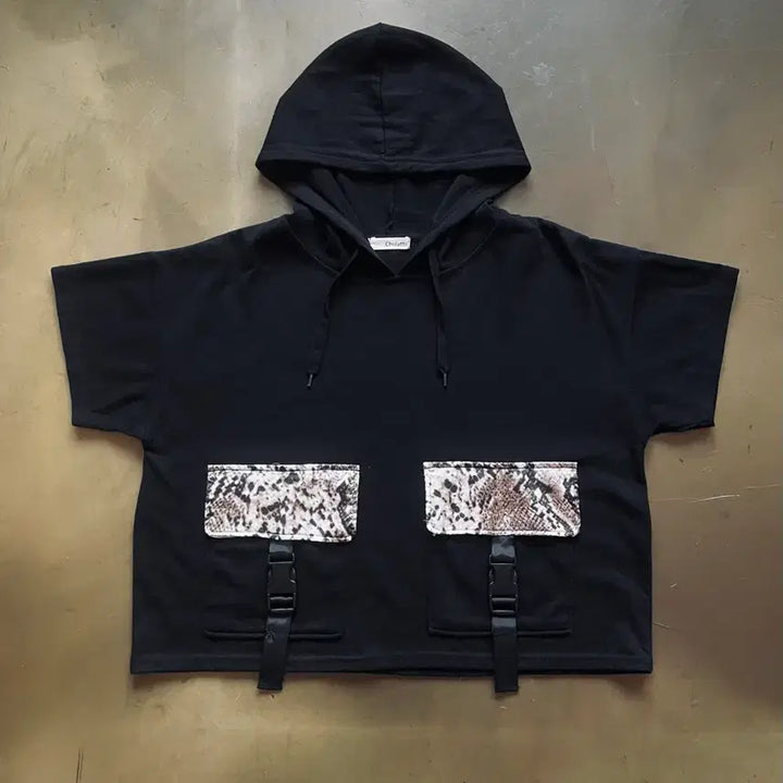 [BUNJANG] Chulatte Japanese Vintage Python Buckle Double Pocket Half Sleeve Hoodie T-Shirt / Chulatte 일본 빈티지 파이톤 버클 더블 포켓 반팔 후드 티셔츠