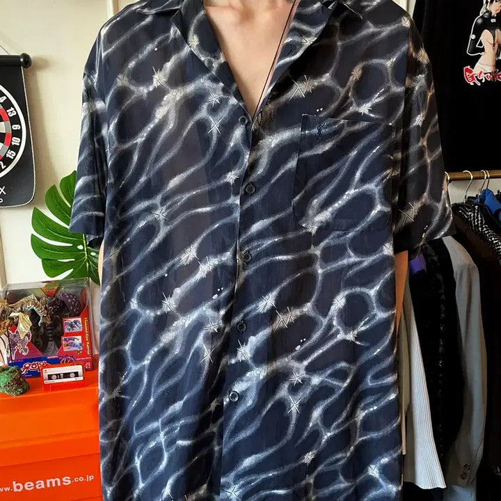 [BUNJANG] Yves Saint Laurent 1990s Lightning Graphic Pattern Open Collar Short Sleeve Shirt XL / 90s Ysl 입생로랑 빈티지 라이트닝 그래픽 패턴 오픈 칼라 반팔 셔츠