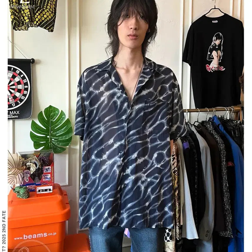 [BUNJANG] Yves Saint Laurent 1990s Lightning Graphic Pattern Open Collar Short Sleeve Shirt XL / 90s Ysl 입생로랑 빈티지 라이트닝 그래픽 패턴 오픈 칼라 반팔 셔츠