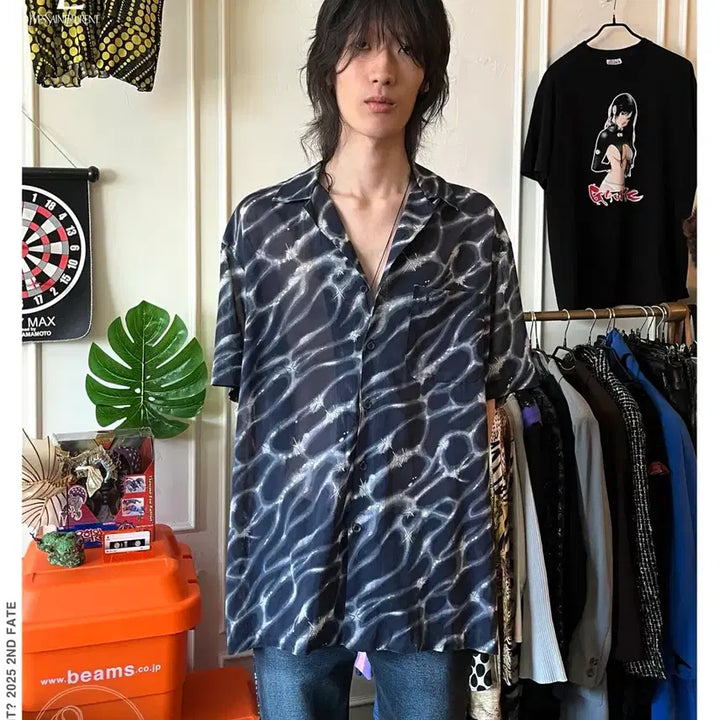 [BUNJANG] Yves Saint Laurent 1990s Lightning Graphic Pattern Open Collar Short Sleeve Shirt XL / 90s Ysl 입생로랑 빈티지 라이트닝 그래픽 패턴 오픈 칼라 반팔 셔츠