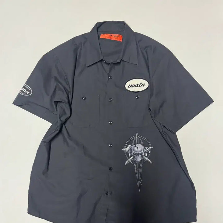 [BUNJANG] Red Cap Vintage Skull Print Work Short Sleeve Shirt Grey XL / 희귀!! 레드캡 빈티지 해골 프린팅 워크 반팔 셔츠 그레이 XL