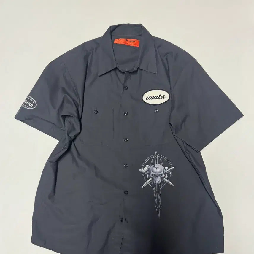 [BUNJANG] Red Cap Vintage Skull Print Work Short Sleeve Shirt Grey XL / 희귀!! 레드캡 빈티지 해골 프린팅 워크 반팔 셔츠 그레이 XL