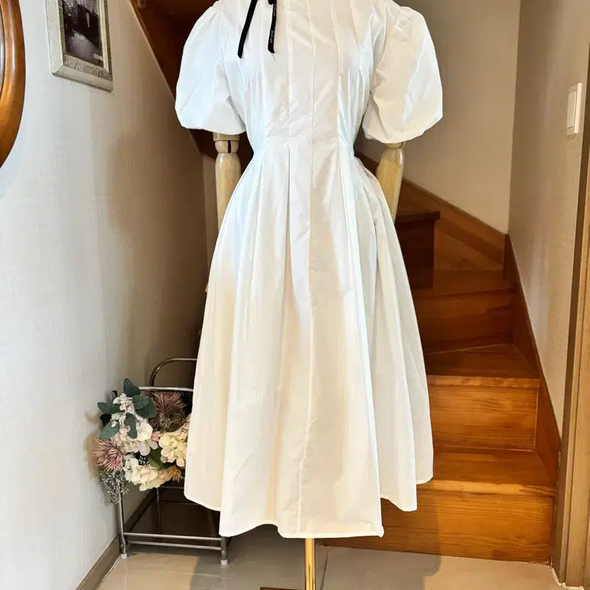 [BUNJANG] Puff Sleeve White Ribbon Dress / 퍼프 소매 화이트 원피스