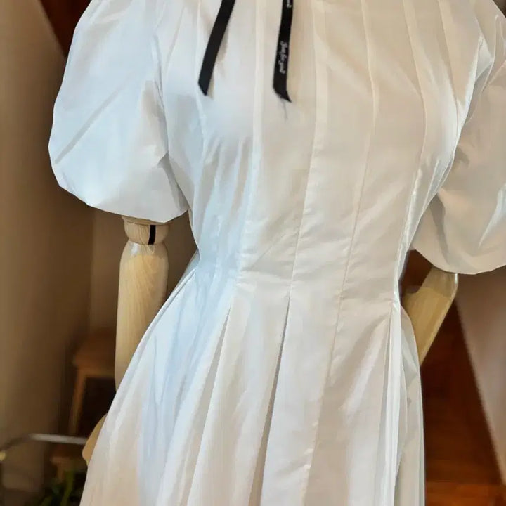 [BUNJANG] Puff Sleeve White Ribbon Dress / 퍼프 소매 화이트 원피스