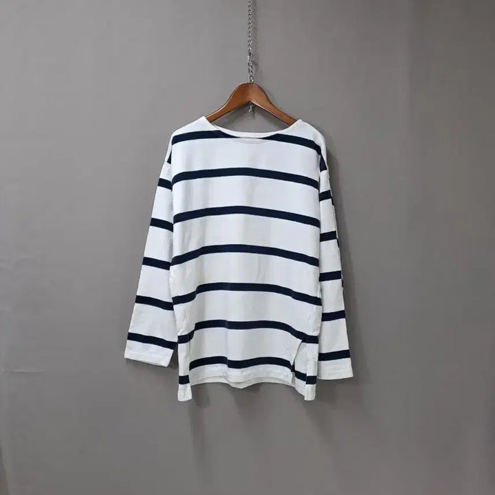 [BUNJANG] White Striped French Terry Long Sleeve T-Shirt / 흰색 스트라이프 쭈리안감 긴팔 티셔츠