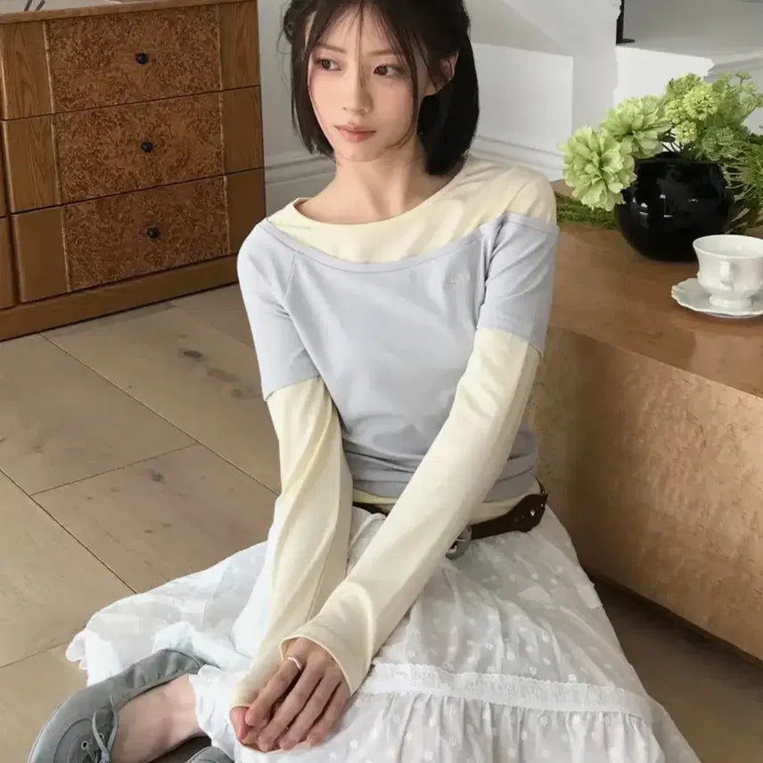 [BUNJANG] Letterfrommoon Layered Off-Shoulder T-Shirt (Cream) / (새상품 택0) 레터프롬문 레터즈 레이어드 오프숄더 티셔츠 ( 크림 )