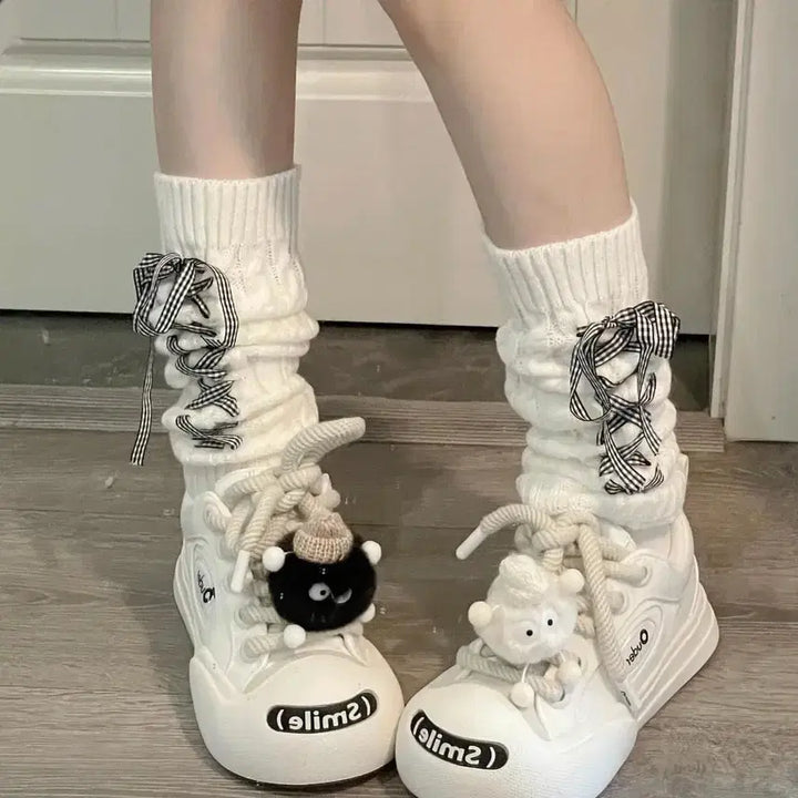 [BUNJANG] Subculture Check Ribbon Knit Leg Warmers / 서브컬처 체크 리본 니트 레그워머(4컬러)
