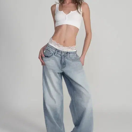 [BUNJANG] Glacier Crystal Denim Wide Pants + Lace Panty Set / 클리시어 크리스탈 데님 와이드 팬츠 + 레이스 팬티