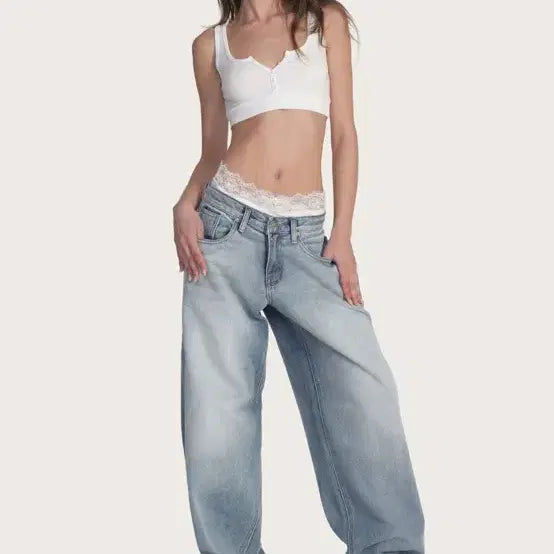 [BUNJANG] Glacier Crystal Denim Wide Pants + Lace Panty Set / 클리시어 크리스탈 데님 와이드 팬츠 + 레이스 팬티
