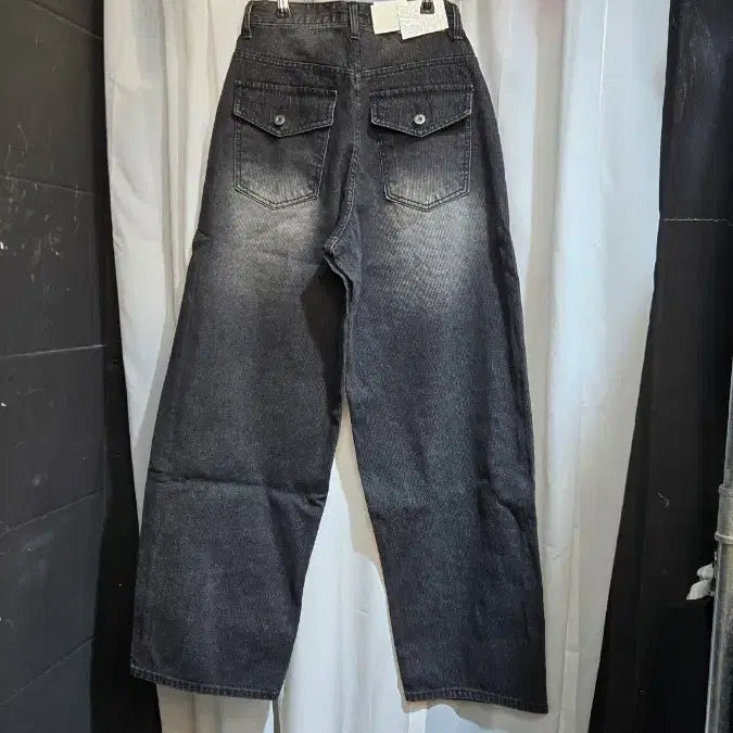 [BUNJANG] Washed Wide Denim Pants with Vertical Fine Ribbing and Back Pockets / 뒤포켓 S,M 673 세로 잔골 와이드 워싱 데님