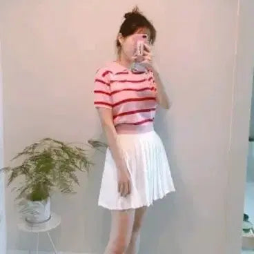 [BUNJANG] Delicerrt Pink Stripe Short Sleeve Knit / Delicerrt 핑크 스트라이프 반팔 니트
