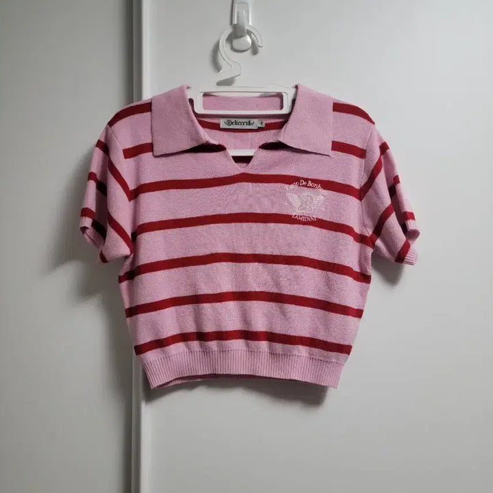 [BUNJANG] Delicerrt Pink Stripe Short Sleeve Knit / Delicerrt 핑크 스트라이프 반팔 니트