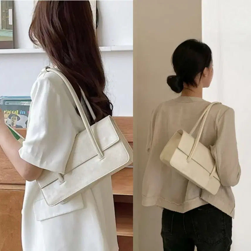 [BUNJANG] Ivory Leather Square Shoulder Bag Tote Bag / 바게트백 스퀘어 숄더백 데일리백 오피스룩 데이트 아이보리 핸드백 토트백