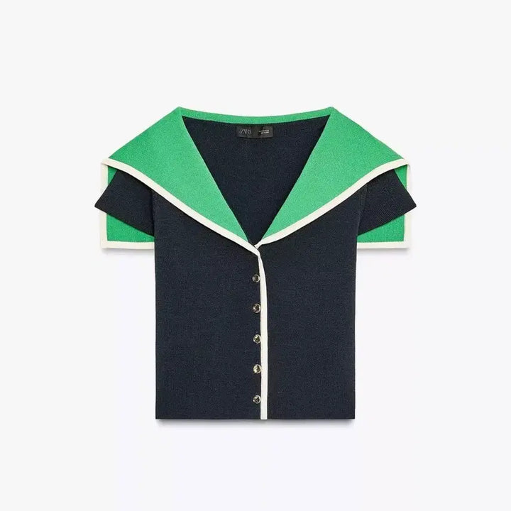 [BUNJANG] Zara Navy/Green Collared Short-Sleeve Knit Top / 자라 네이비/그린 카라 반팔 니트
