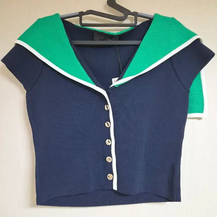[BUNJANG] Zara Navy/Green Collared Short-Sleeve Knit Top / 자라 네이비/그린 카라 반팔 니트
