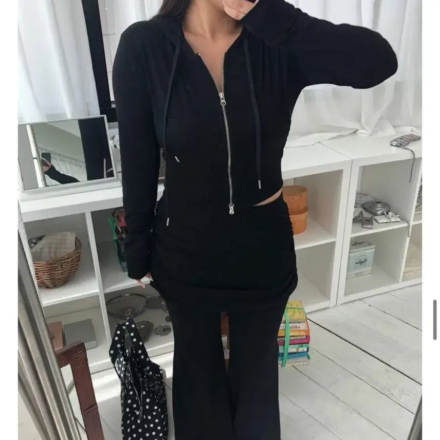 [BUNJANG] DAISY TWEL Small Shirring Layered Bootcut Skirt Pants Black / 데이지투엘 사이드 셔링 레이어드 부츠컷 치마 바지 블랙