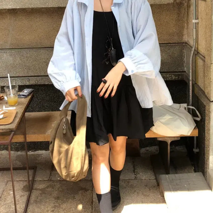 [BUNJANG] Winout High Neck Shirring Balloon Blouse - Sky Blue / (택포) 윈아웃 라플레르 하이넥 셔링 벌룬 블라우스 스카이블루