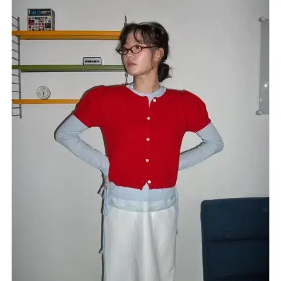 [BUNJANG] From Beginning Red Puff Sleeve Short Sleeve Cardigan / 프롬비기닝 타이퍼프 반팔가디건 레드