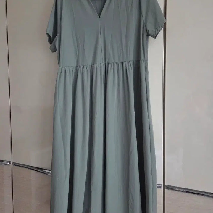 [BUNJANG] Mint Collar Neck Short Sleeve Long Dress / 민트색 카라넥 반팔 롱 원피스