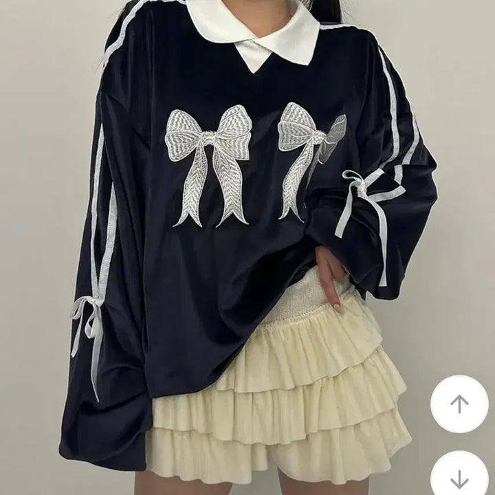 [BUNJANG] Velvet Ribbon Balletcore Sweatshirt - Navy / 발레코어 벨벳 리본 맨투맨 네이비