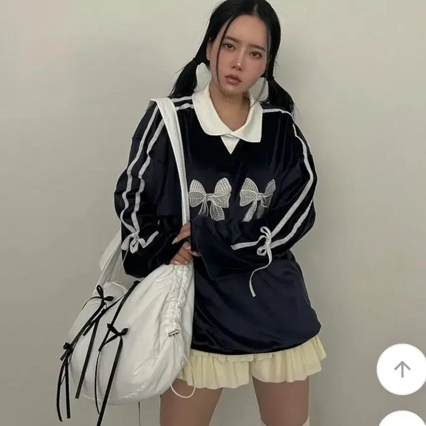 [BUNJANG] Velvet Ribbon Balletcore Sweatshirt - Navy / 발레코어 벨벳 리본 맨투맨 네이비