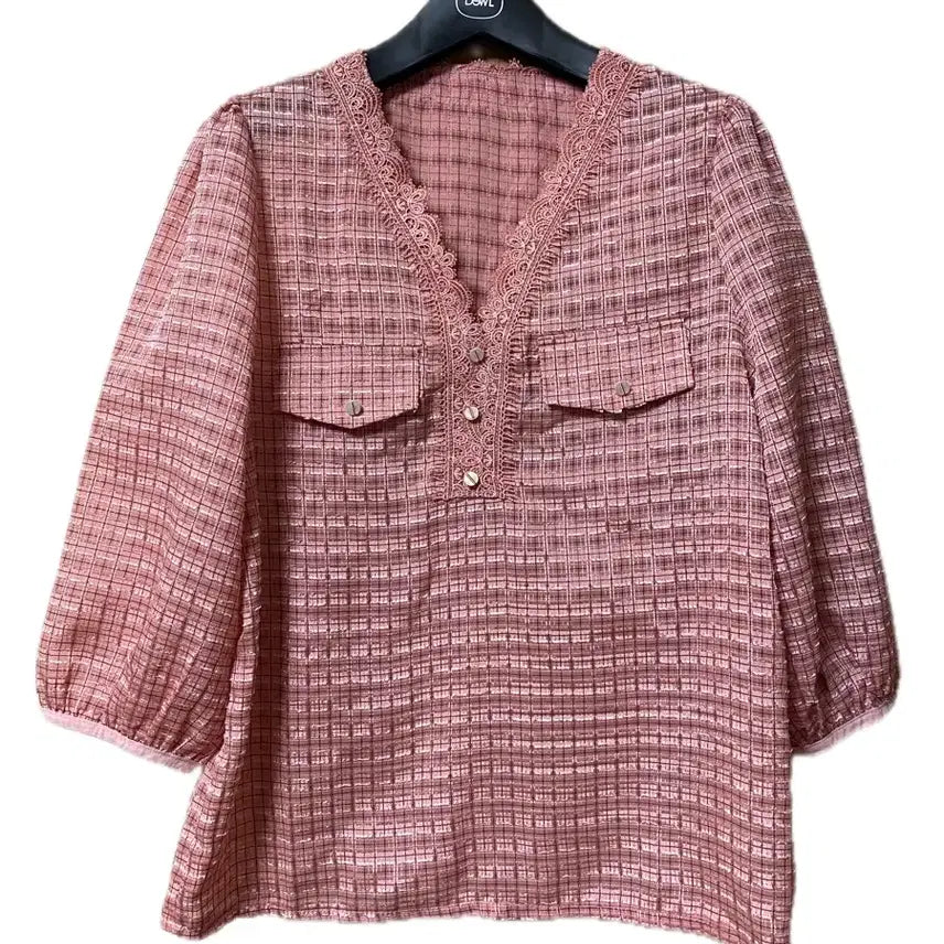 [BUNJANG] Lace Trim Checkered V-Neck Blouse / 레이스 체크 브이넥 블라우스
