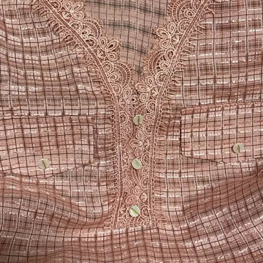 [BUNJANG] Lace Trim Checkered V-Neck Blouse / 레이스 체크 브이넥 블라우스