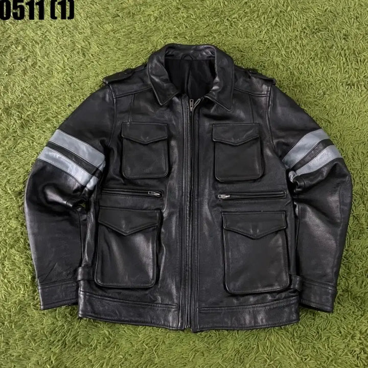 [BUNJANG] Black Leather Jacket with Pocket Detail - Size L / 블랙 가죽 포켓 디테일 자켓 L