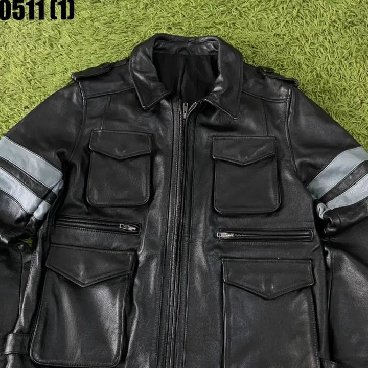 [BUNJANG] Black Leather Jacket with Pocket Detail - Size L / 블랙 가죽 포켓 디테일 자켓 L