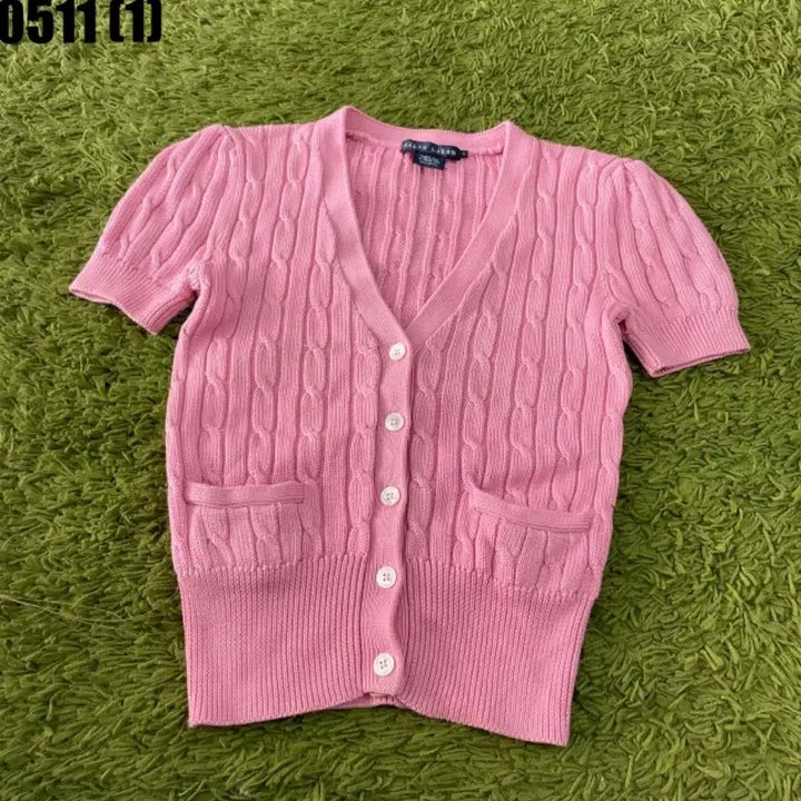 [BUNJANG] Ralph Lauren Pink Cable Knit Short Sleeve Cardigan S / 랄프로렌 핑크 케이블 반팔 가디건 S