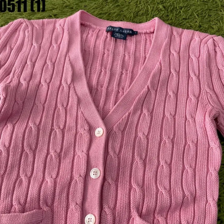 [BUNJANG] Ralph Lauren Pink Cable Knit Short Sleeve Cardigan S / 랄프로렌 핑크 케이블 반팔 가디건 S
