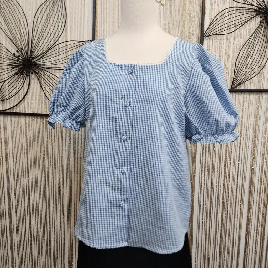 [BUNJANG] Nine9 Step Blue Check Puff Blouse / nine9 step     블루 체크 퍼프 블라우스 55~66가능