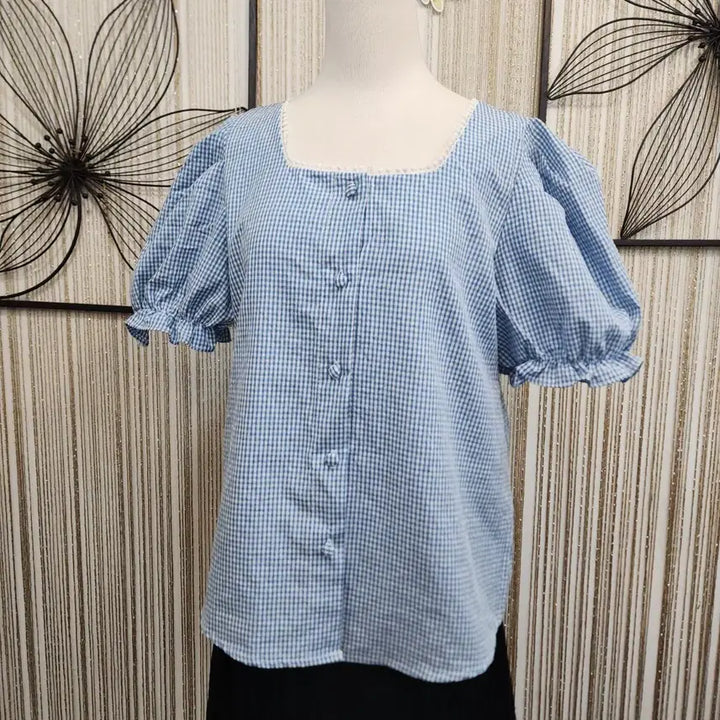 [BUNJANG] Nine9 Step Blue Check Puff Blouse / nine9 step     블루 체크 퍼프 블라우스 55~66가능