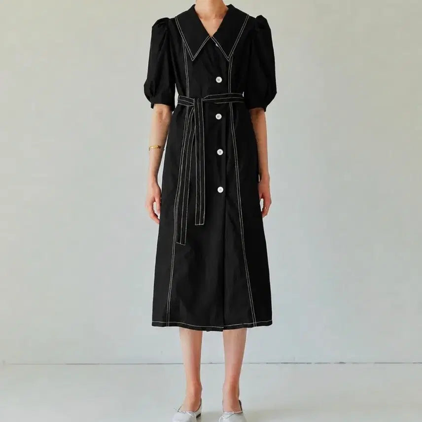 [BUNJANG] Black Big Collar Stitch Long Dress / 블랙 빅카라 스티치 원피스 66