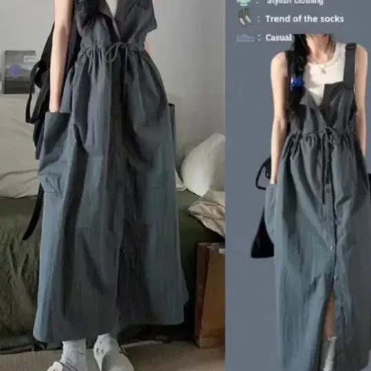[BUNJANG] Pocket Suspender Long Dress New / 프켓멜빵롱원피스 새상품