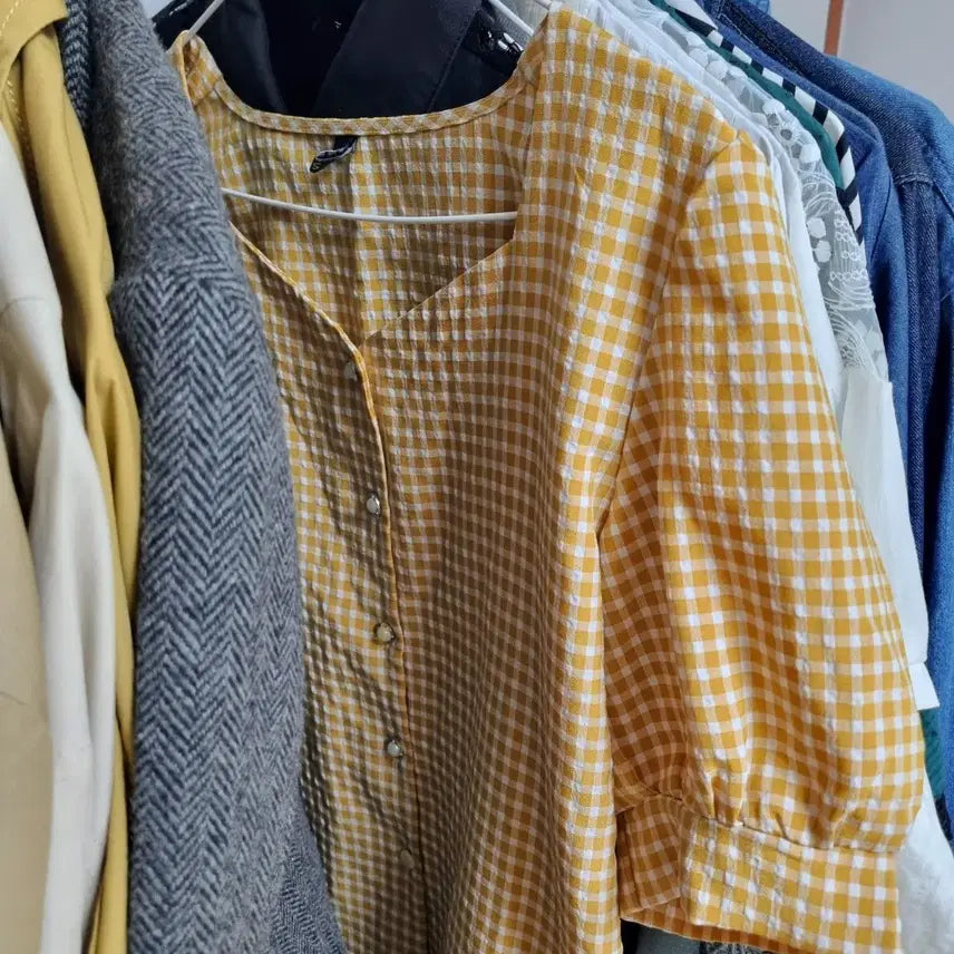 [BUNJANG] Yellow Check Square Neck Blouse / 체크 스퀘어넥 블라우스