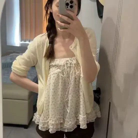 [BUNJANG] Flower Frill Cami + Cardigan Set / 플라워 프릴 끈나시 + 가디건 세트
