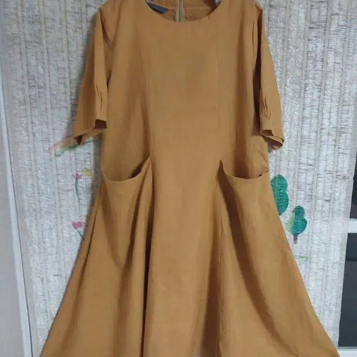 [BUNJANG] Mustard Linen Short-Sleeve Long Dress / 머스타드 컬러 린넨 원피스 반팔