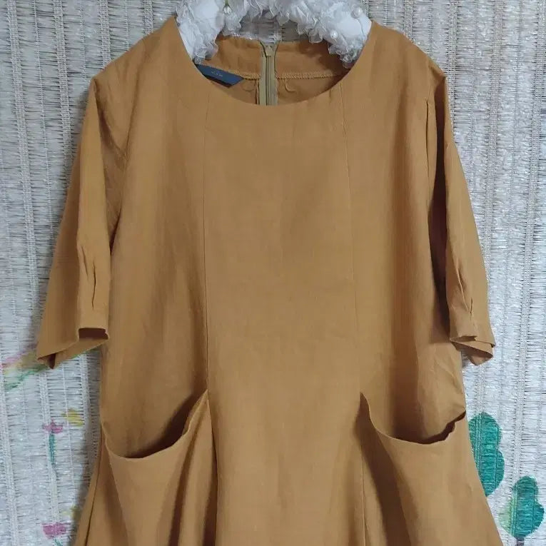 [BUNJANG] Mustard Linen Short-Sleeve Long Dress / 머스타드 컬러 린넨 원피스 반팔