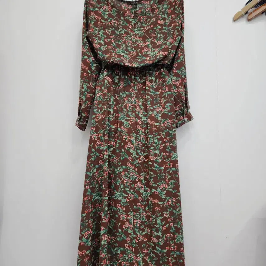 [BUNJANG] Flower Pattern Long Asymmetrical Dress - Brown / 플라워 패턴 롱 언발 원피스 브라운 FREE
