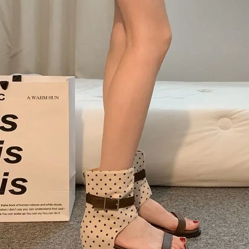 [BUNJANG] Dot Canvas Boots Sandals / 도트 캔버스 부츠 샌들 여름 인조가죽 스트랩 샌들(4컬러)