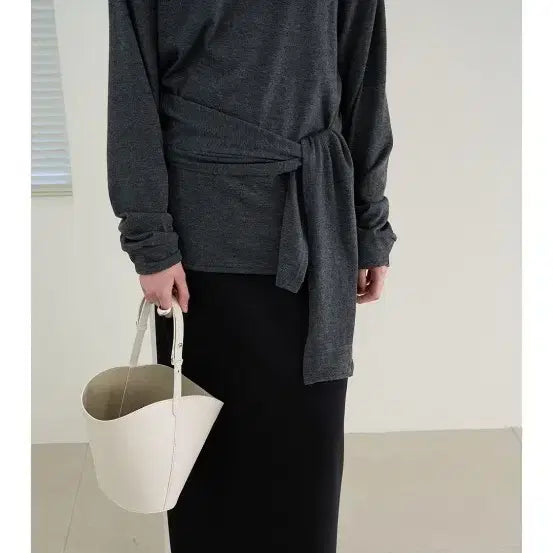 [BUNJANG] Charcoal Wrap Long Sleeve T-Shirt with Waist Tie / 랩 티셔츠 차콜색 허리끈 긴팔티