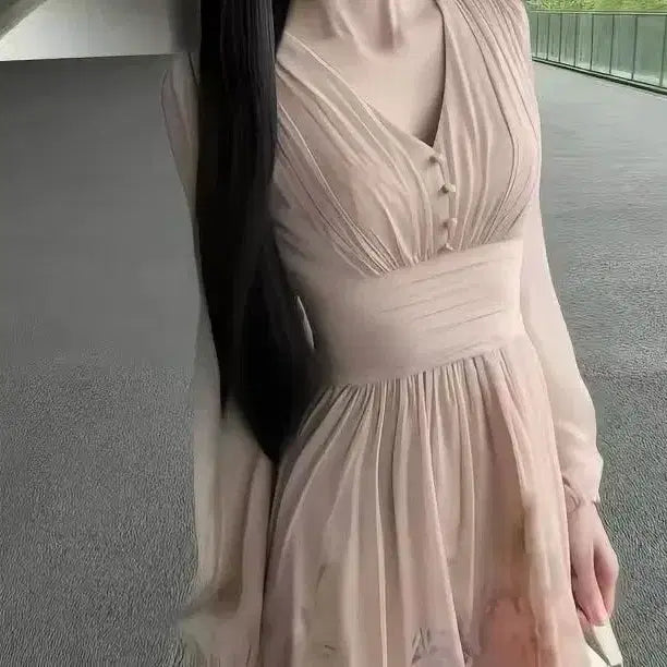 [BUNJANG] Chiffon Long Dress Beige Floral / 쉬폰 롱원피스 베이지 플라워