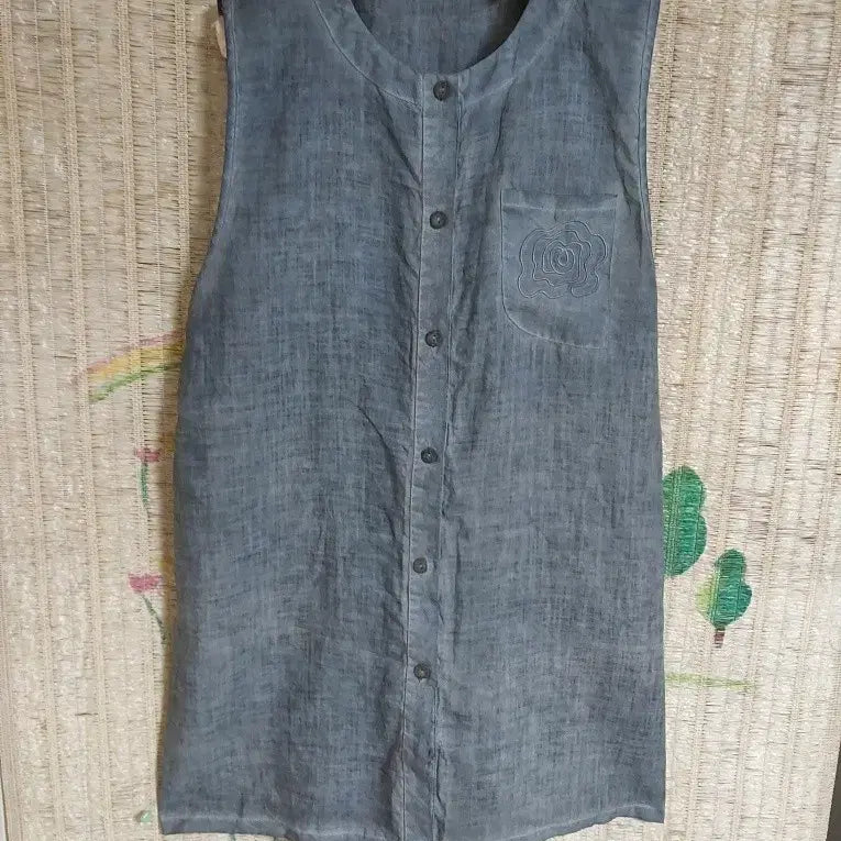[BUNJANG] Linen Sleeveless Dress with Blue Floral Embroidery / 린넨 블루 꽃 자수 민소매 원피스