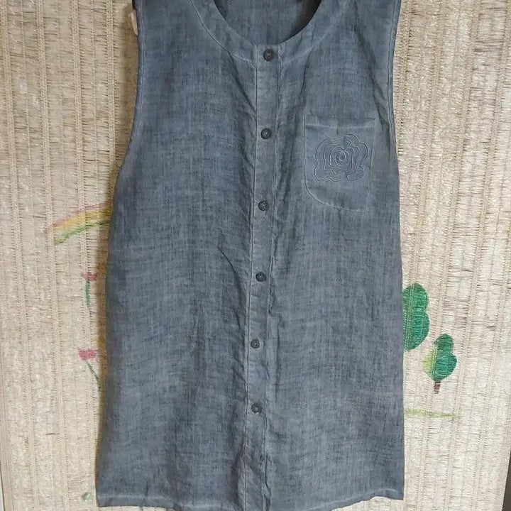 [BUNJANG] Linen Sleeveless Dress with Blue Floral Embroidery / 린넨 블루 꽃 자수 민소매 원피스